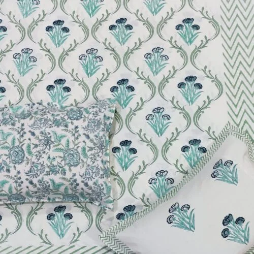 Tokai Home Bellis Hand block printed Cotton Super King Size Bedsheet (with pillow cover)