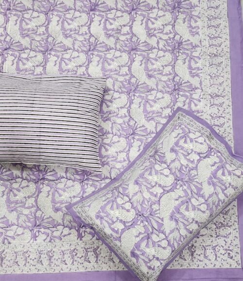 Tokai Home Aquilegia Hand block printed cotton Super Duper King Size Bedsheet ( with pillow)