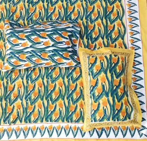 Tokai Home Jasminum Hand block printed Cotton Super King Size Bedsheet (with pillow cover)