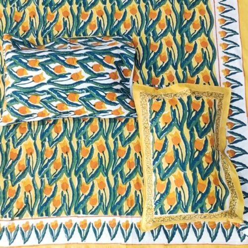 Tokai Home Jasminum Hand block printed Cotton Super King Size Bedsheet (with pillow cover)