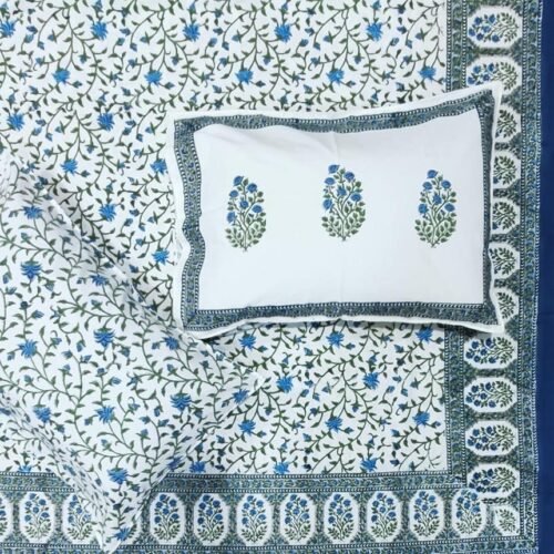 Tokai Home Passiflora Hand block printed Cotton Super King Size Bedsheet (with pillow cover)