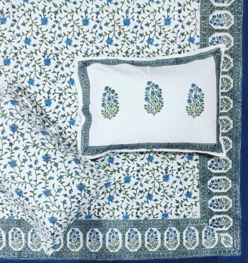 Tokai Home Bluebell Vine Hand block printed cotton Super Duper King Size Bedsheet ( with pillow)