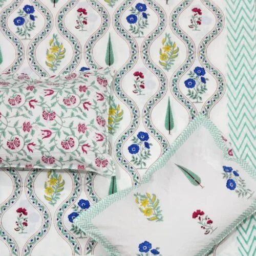Tokai Home Cyclamen Hand block printed cotton Super Duper King Size Bedsheet ( with pillow)