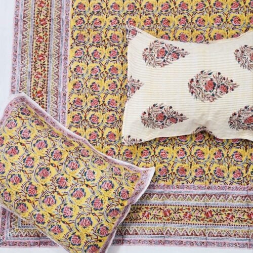 Tokai Home Crocus Hand block printed cotton Super Duper King Size Bedsheet ( with pillow)