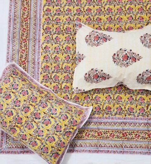 Tokai Home Crocus Hand block printed cotton Super Duper King Size Bedsheet ( with pillow)