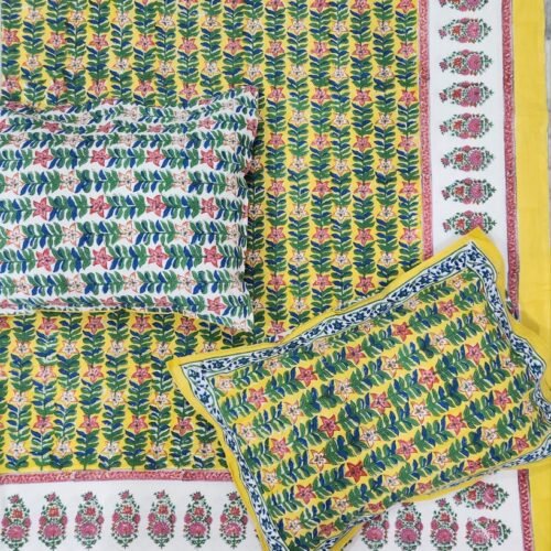 Tokai Home Forshytia Hand block printed cotton Super Duper King Size Bedsheet ( with pillow)