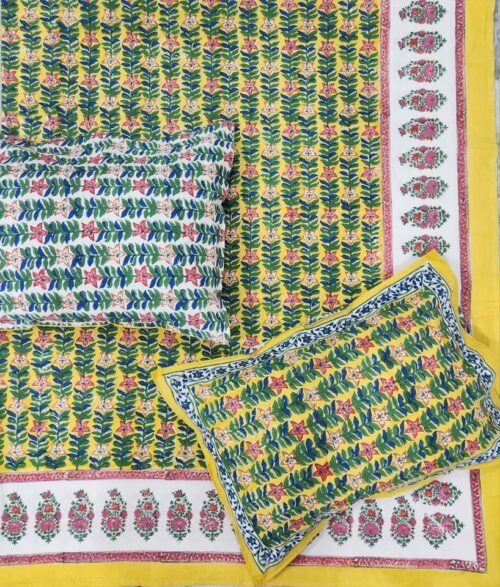 Tokai Home Forshytia Hand block printed cotton Super Duper King Size Bedsheet ( with pillow)