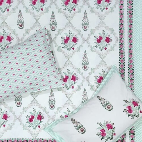 Tokai Home Gaillardia Hand block printed cotton Super Duper King Size Bedsheet ( with pillow)
