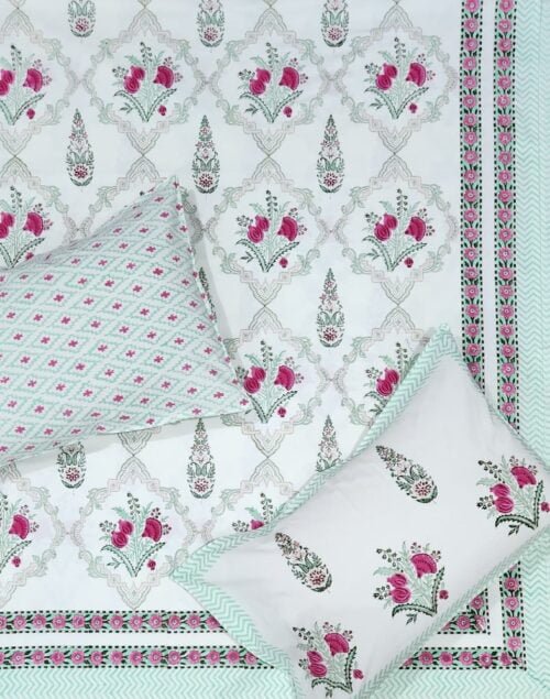 Tokai Home Gaillardia Hand block printed cotton Super Duper King Size Bedsheet ( with pillow)