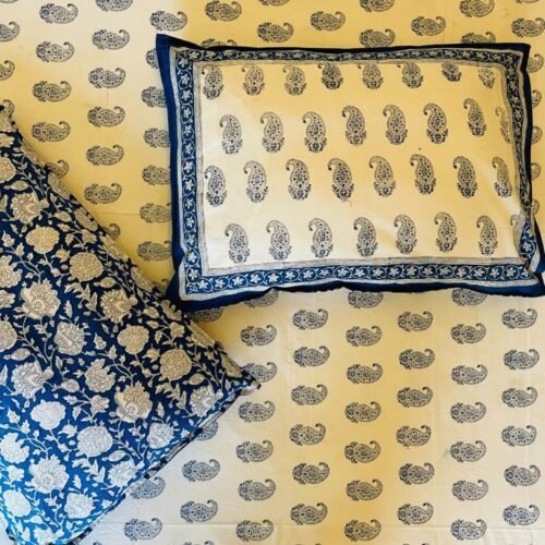 Tokai Home Browallia Hand block printed cotton Super Duper King Size Bedsheet ( with pillow)