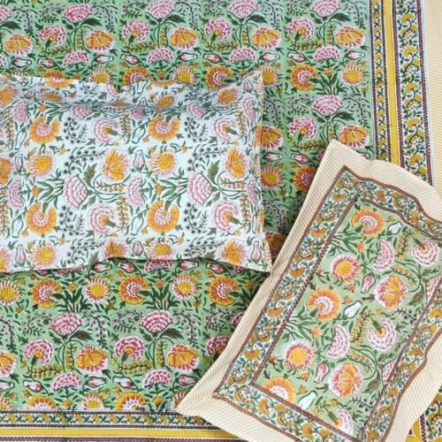 Tokai Home Mimosa Hand block printed cotton Super Duper King Size Bedsheet ( with pillow)