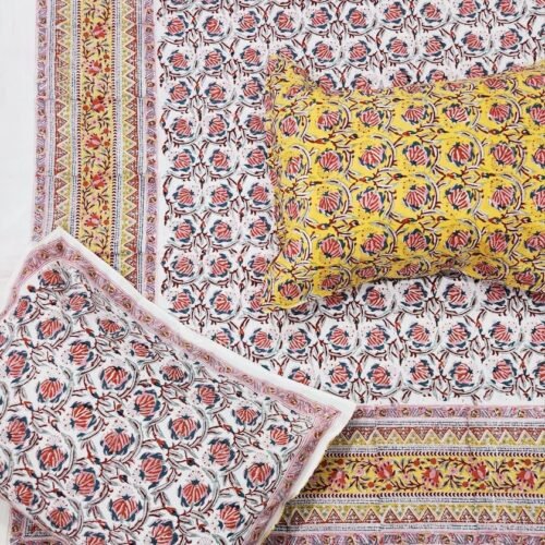 Tokai Home Mahonia Hand block printed cotton Super Duper King Size Bedsheet ( with pillow)