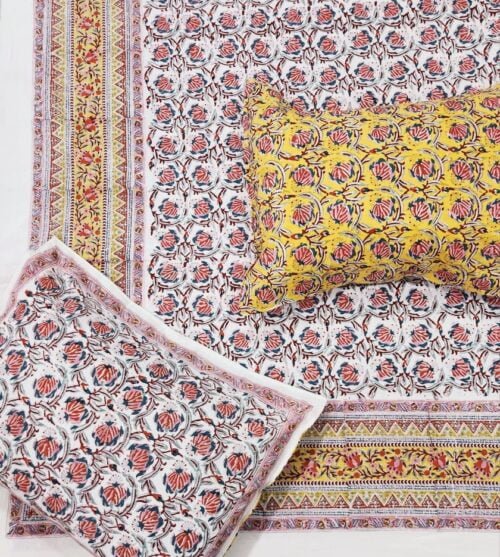 Tokai Home Mahonia Hand block printed cotton Super Duper King Size Bedsheet ( with pillow)