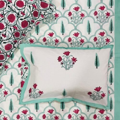 Tokai Home Gardenia Hand block printed cotton Super Duper King Size Bedsheet ( with pillow)