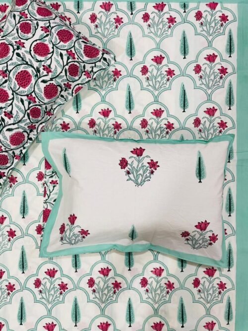 Tokai Home Gardenia Hand block printed cotton Super Duper King Size Bedsheet ( with pillow)