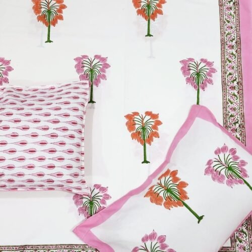 Tokai Home Narcissus Hand block printed cotton Super Duper King Size Bedsheet ( with pillow)