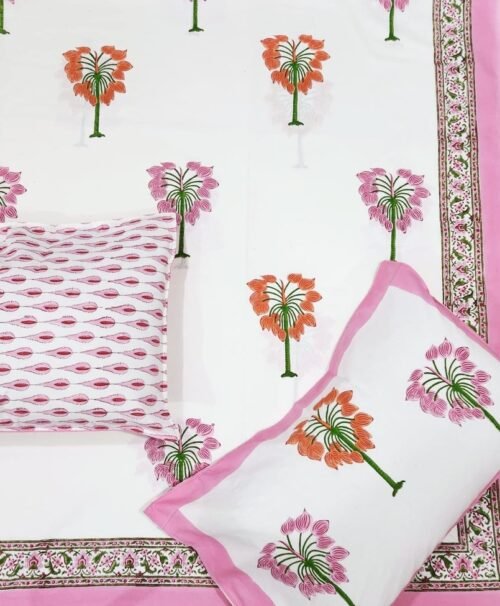 Tokai Home Narcissus Hand block printed cotton Super Duper King Size Bedsheet ( with pillow)