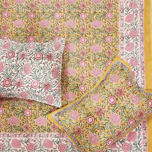Tokai Home Oxalis Hand block printed cotton Super Duper King Size Bedsheet ( with pillow)