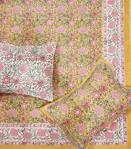 Tokai Home Oxalis Hand block printed cotton Super Duper King Size Bedsheet ( with pillow)