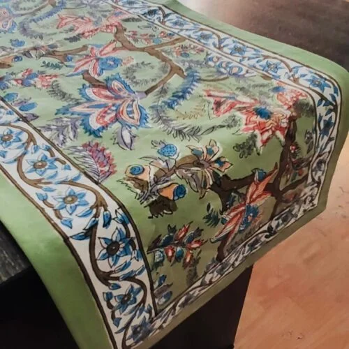 Tokai home Green Orchid hand block printed table runner