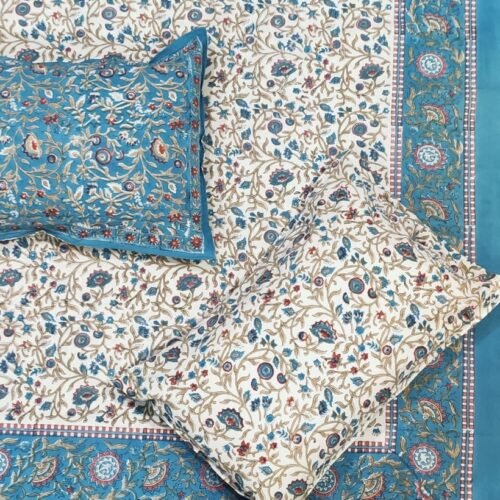 Tokai Home Fescue Hand block printed cotton Super Duper King Size Bedsheet ( with pillow)