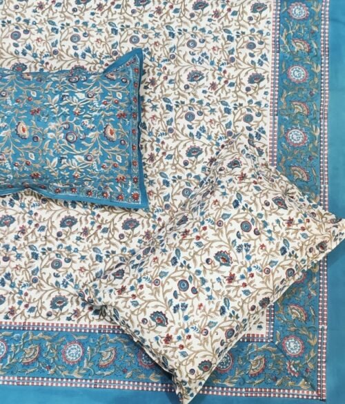 Tokai Home Fescue Hand block printed cotton Super Duper King Size Bedsheet ( with pillow)