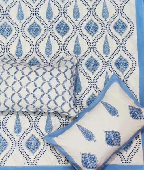 Tokai Home Bellflower Hand block printed cotton Super Duper King Size Bedsheet ( with pillow)