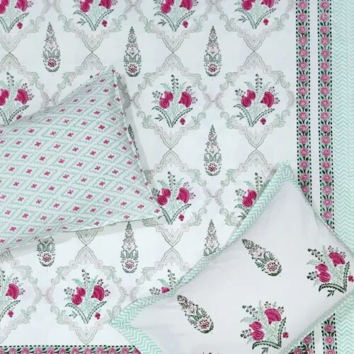 Tokai Home Casa Blanca Hand block printed cotton Super King Size Bed Sheet ( with pillow cover)