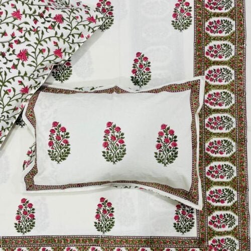 Tokai Home Poinsettia Hand block printed cotton Super Duper King Size Bedsheet ( with pillow)