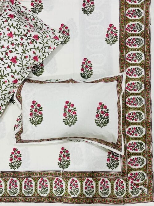 Tokai Home Poinsettia Hand block printed cotton Super Duper King Size Bedsheet ( with pillow)