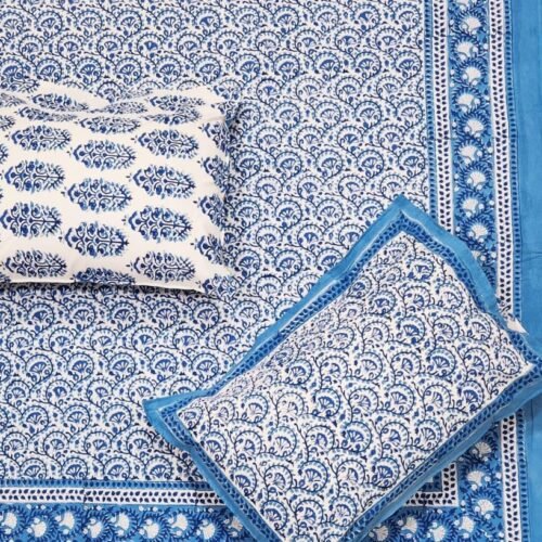 Tokai Home Ageratum Hand block printed cotton Super Duper King Size Bedsheet ( with pillow)