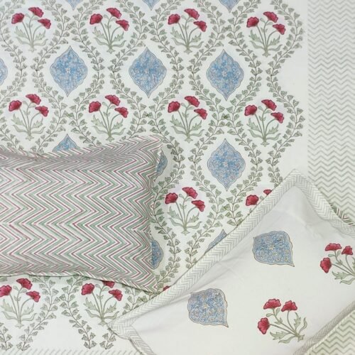 Tokai Home Banksia Hand block printed cotton Super King Size Bed Sheet ( with pillow cover)
