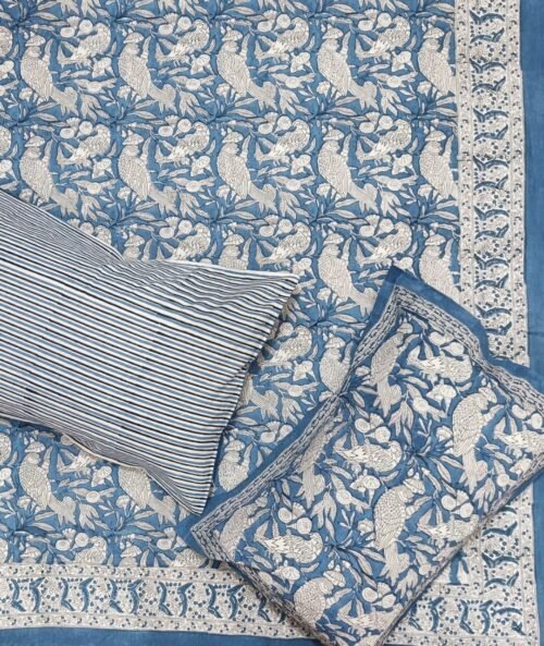 Tokai Home Rampion Hand block printed cotton Super Duper King Size Bedsheet ( with pillow)