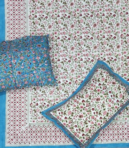 Tokai Home Myrtle Hand block printed cotton Super Duper King Size Bedsheet ( with pillow)