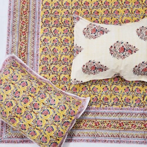 Tokai Home Eranthis Hand block printed cotton Super King Size Bed Sheet ( with pillow cover)