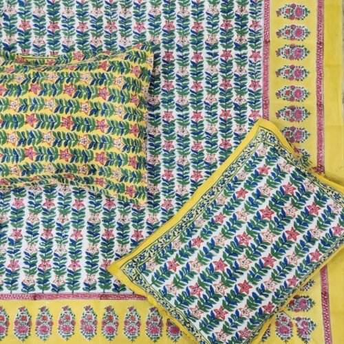 Tokai Home Baptisia Hand block printed cotton Super Duper King Size Bedsheet ( with pillow)