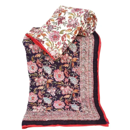 Tokai Home Premium Gomphrena Hand-block print Single Bed Reversible Rajai/ Quilt (60*90)