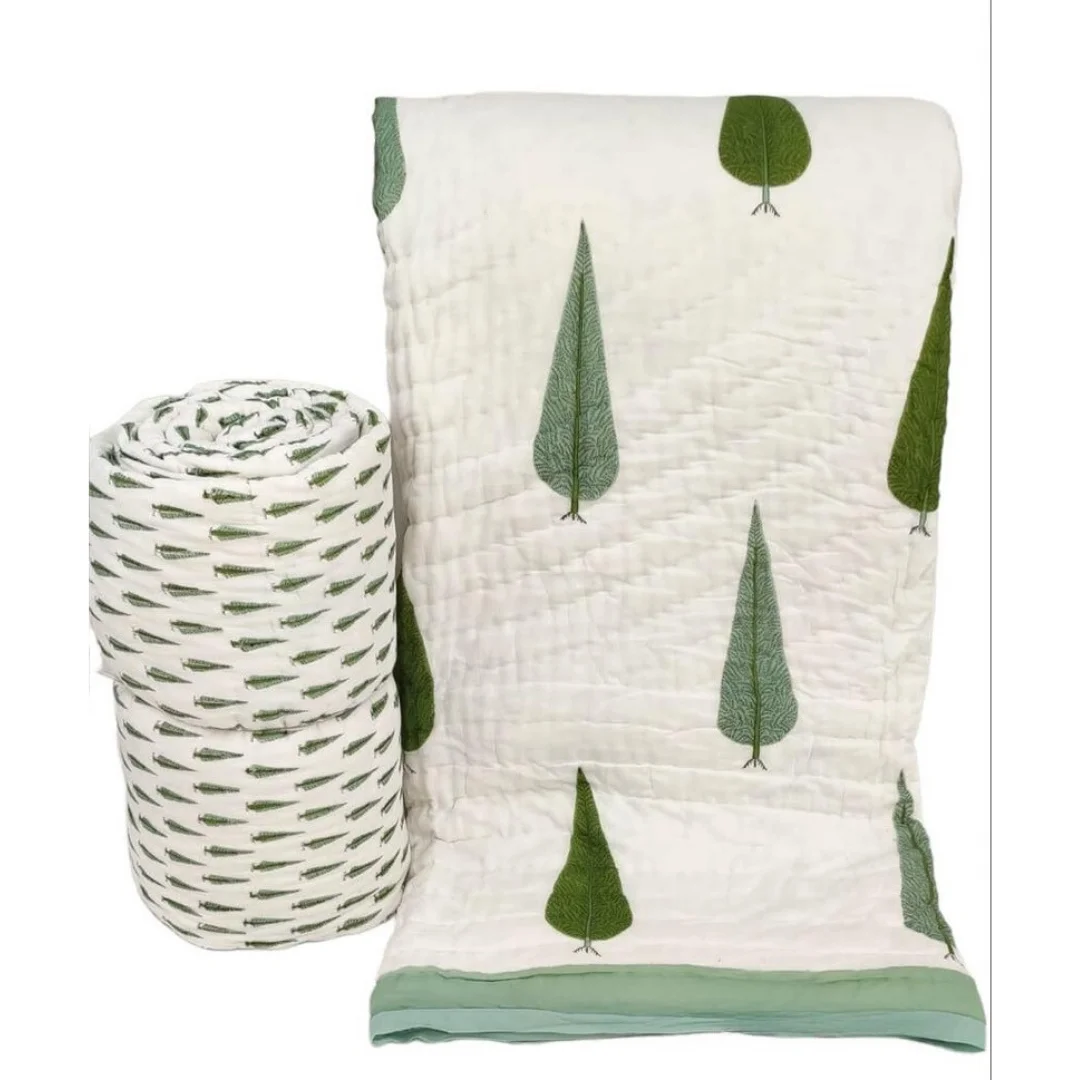 Tokai Home Premium Cerinthe Hand-block print Double Bed Reversible Rajai/ Quilt (90*108)