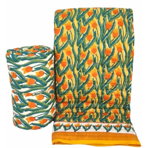 Tokai Home Premium Brodiaea Hand-block print Double Bed Reversible Rajai/ Quilt (90*108)