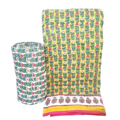 Tokai Home Premium Gulbahar Hand-block print Double Bed Reversible Rajai/ Quilt (90*108)