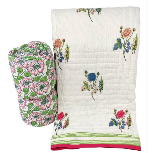 Tokai Home Premium Capparis Hand-block print Double Bed Reversible Rajai/ Quilt (90*108)