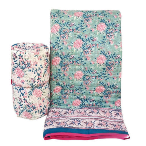 Tokai Home Premium Stachys Hand-block print Double Bed Reversible Rajai/ Quilt (90*108)