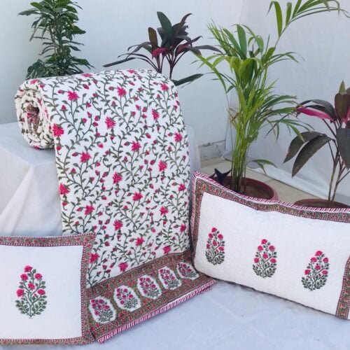Tokai Home Premium Plumeria Hand-block printed Quilted Pillow Cover