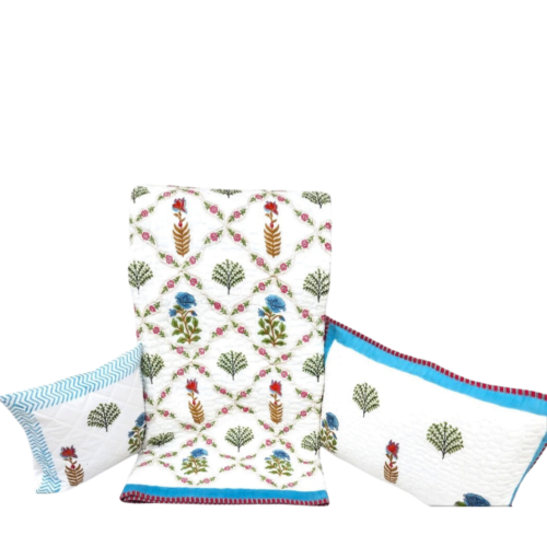 Tokai Home Premium Dewdrop Hand-block printed Quilted Pillow Cover